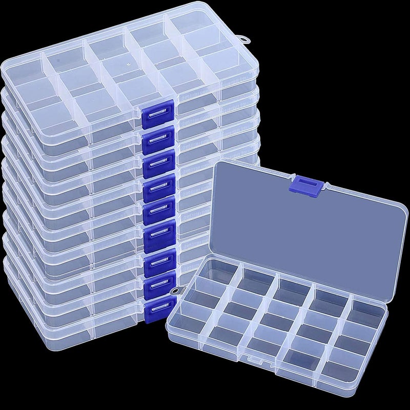 KINJOEK 10 Pack 15 Grids Plastic Bead Organizer Containers Storage, Adjustable Dividers Diamond Jewelry Craft Painting Storage Case, Clear Small Fishing Tackle Box for Sewing Cross Stitch Accessories - Image 1
